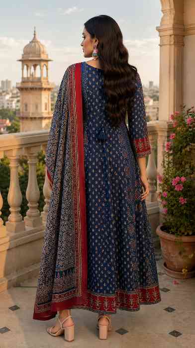 Rayon Printed Anarkali Kurta and Pant with Dupatta Set Back